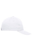 A white six-panel cap with a curved brim and a logo on the side.