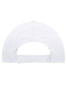 A white six-panel cap featuring an adjustable strap at the back and a logo.