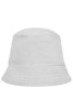 A white bucket hat with a wide brim. The hat has a logo on it.