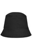 A black bucket hat featuring a wide brim and a simple design. It has a logo on the side.