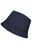 A navy blue bucket hat with a wide brim and a simple design, featuring a logo.