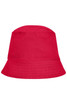 A red bucket hat with a wide brim and a smooth finish, featuring a logo on the side.