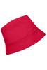 A red bucket hat made of fabric, featuring a simple design and a stitched brim. It has a logo.