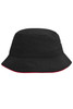 A black fisherman piping hat with a red trim, featuring a logo on the side. Ideal for outdoor wear.