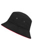 A black bucket hat with a red underside and metal eyelets for ventilation. It features a logo on the front.