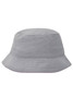 A grey bucket hat featuring a wide brim and a simple design, with a logo on one side.
