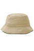 A beige fisherman piping hat with a wide brim and a black trim, featuring a logo on the side.