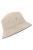 A beige bucket hat with a band and eyelet detail, featuring a logo on the side.