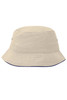 A beige bucket hat with a wide brim and a logo, ideal for outdoor activities.
