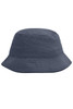 A navy blue bucket hat featuring a wide brim and a logo on the side.