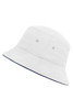 A white bucket hat with a navy trim and ventilation eyelets, featuring a logo on the side.