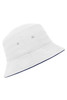 A white bucket hat featuring a brim and an inner lining in navy, complete with metal eyelets and a logo.