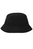 A black bucket hat with a smooth surface and eyelets on the sides, featuring a simple design.