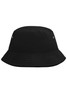 A black bucket hat with a round crown and a wide brim, featuring metal eyelets for ventilation.