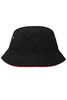 A black bucket hat with a red underside and silver eyelets, featuring a logo on the side.