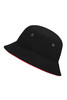 A black bucket hat with a red underside and eyelets, featuring a branding logo. Perfect for headwear enthusiasts.