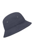 A navy blue fisherman piping hat with a bucket style and eyelets for ventilation. Features a logo.