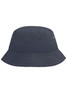 A navy blue bucket hat featuring a wide brim and ventilation eyelets, with branding visible.