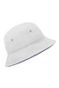 A white bucket hat with a ribbed texture and a blue underside, featuring two ventilation eyelets.