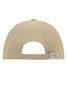 A beige 6 panel cap featuring a back strap and a logo on the rear.