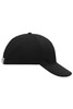 A black 6 panel cap featuring a curved brim and an adjustable back strap, displaying a logo.