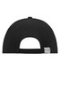 A black 6 panel cap with a curved brim and an adjustable strap at the back. Features a logo.