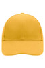 A yellow 6-panel cap featuring a rounded peak and a blank front. It includes a logo on the side.