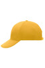 A yellow six-panel cap with a curved brim and a button on top, featuring a logo.