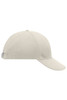 A beige 6 panel cap with a curved brim, featuring an adjustable strap and a branding logo.