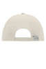 A light beige 6 panel cap featuring a back opening and an adjustable strap, with a logo on the side.