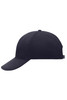 A navy blue six-panel cap with a curved brim and a branding logo on the side.