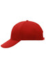 A red 6 panel cap featuring a curved brim and a strap adjuster at the back, with a branding logo.