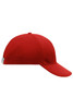 A red 6-panel cap with a curved brim and an adjustable strap at the back. It features a logo.