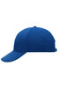 A blue 6 panel cap with a curved brim and an adjustable strap at the back, featuring a logo.