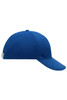 A blue 6-panel cap featuring a curved brim and an adjustable strap at the back. It includes a logo on the side.
