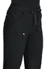 Black trousers featuring pockets and a drawstring waist, with a small logo on the side.