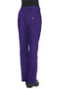 Purple pants with a back pocket, featuring a logo on the waistband, displayed on a model.