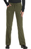 Olive green pants with a relaxed fit, featuring pockets and a drawstring waist, along with a logo.