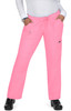 Bright pink pants with a drawstring waist and pockets, featuring a logo on the side.