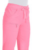 A pair of pink pants with pockets and a drawstring waist, featuring a zippered detail.