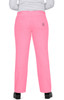 A pair of bright pink pants with a logo, viewed from the back, featuring a relaxed fit and straight legs.