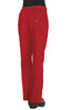 Red trousers with a logo on the back pocket, viewed from the rear.