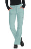 A pair of light teal pants with pockets and a drawstring waist, featuring a logo on the side.