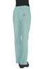 Light blue pants with a logo, featuring a back pocket design and a relaxed fit.