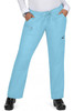 A pair of light blue scrub pants with multiple pockets and an elastic drawstring waist, featuring a logo.