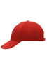 A red low-profile six-panel cap with a slightly curved visor and a back adjustment strap.
