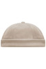 A beige 6-panel chef cap with a rounded top and ribbed band at the base. It features a small button on top.