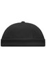 A black 6-panel chef cap with a rounded top and ribbed band, featuring a logo on the front.