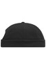 A black 6 panel chef cap featuring a rounded top and a ribbed band at the base. It has a logo.