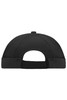 A black 6 panel chef cap with an adjustable strap at the back and ventilation holes. It features a logo.